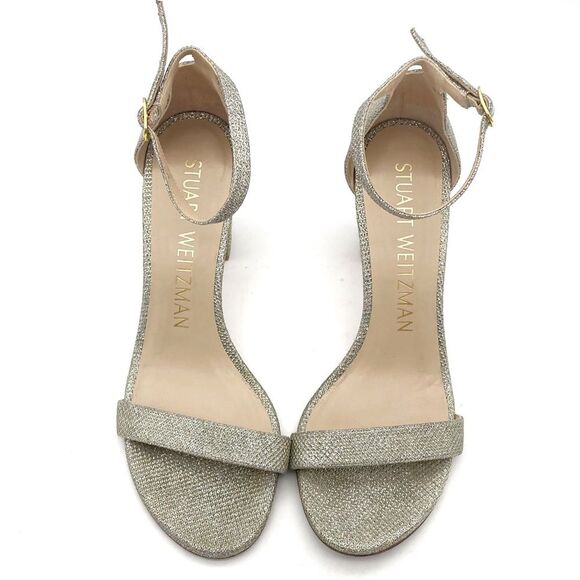 Stuart Weitzman Nudistcurve 75 Glitter Block Heel Sandals Platino Size 7 Wedding - Picture 12 of 16